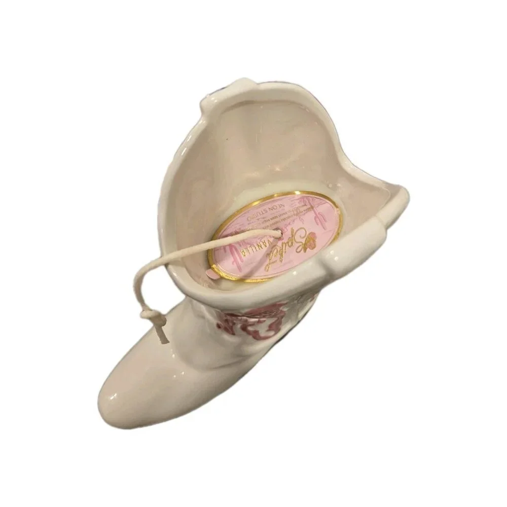 New Pink / White Large Ceramic Western Cowgirl / Cowboy Boot Candle Gag Gift